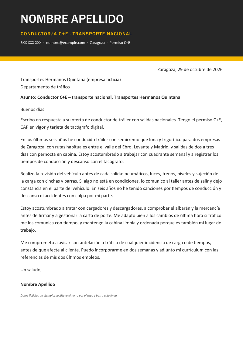 Vista previa de la plantilla «Carta de presentación de conductor/a de camión»: una carta de una página con cabecera oscura a sangre con el nombre en mayúsculas, el titular en el color de seguridad y una franja gruesa de ese color debajo, en gris oscuro y amarillo, sobre fondo blanco y con datos de ejemplo.