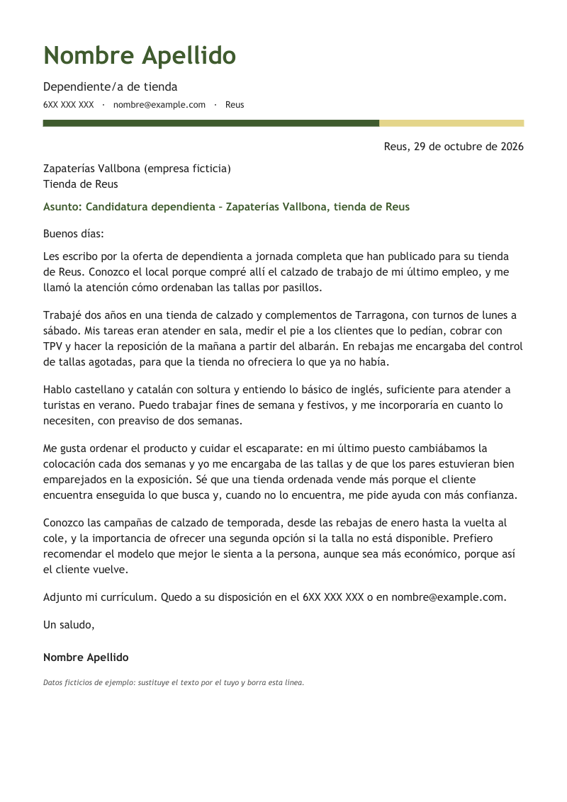 Vista previa de la plantilla «Carta de presentación de dependiente/a»: una carta de una página con nombre grande, titular y contacto sobre fondo blanco, con una franja de dos colores debajo de la cabecera, en verde oliva y amarillo claro, sobre fondo blanco y con datos de ejemplo.