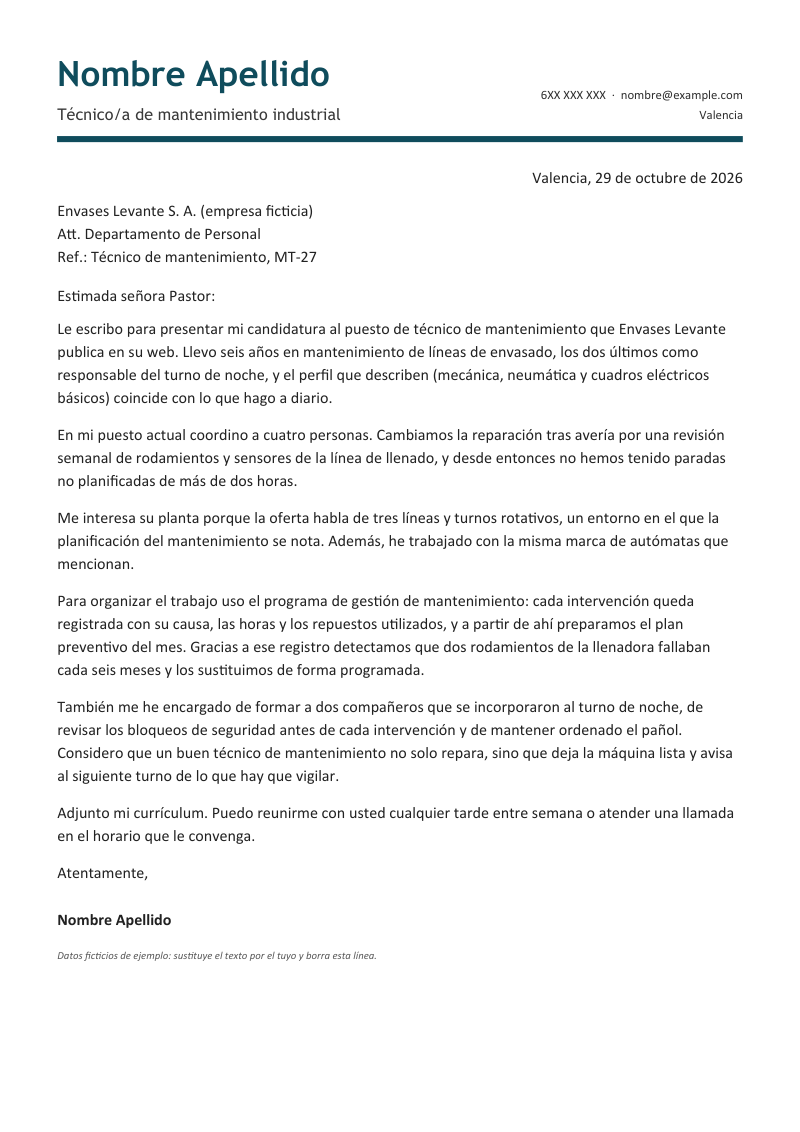 Vista previa de la plantilla «Carta de presentación modelo»: una carta de una página con nombre y titular en tipografía redondeada a la izquierda, datos de contacto alineados a la derecha y un filete grueso de color debajo, en azul petróleo, sobre fondo blanco y con datos de ejemplo.