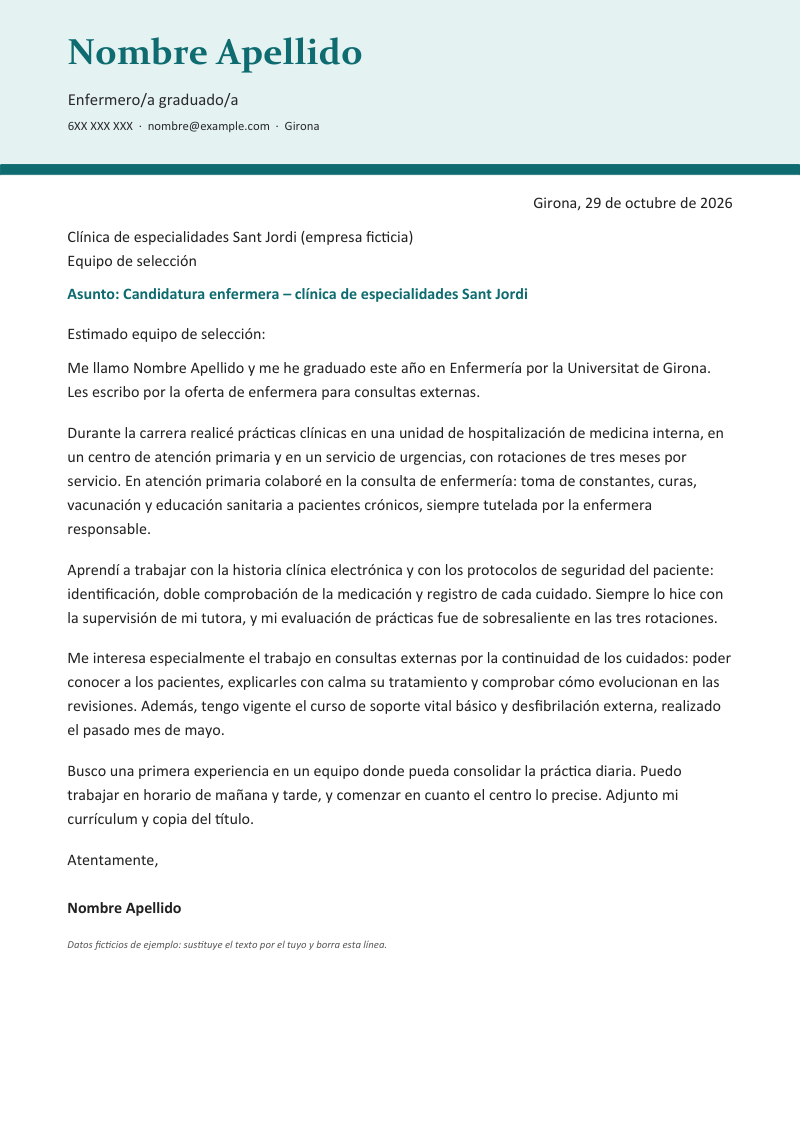 Vista previa de la plantilla «Carta de presentación de enfermero/a»: una carta de una página con banda suave a sangre con el nombre en tipografía de remate, el titular y el contacto, y una línea de color oscuro debajo, en turquesa, sobre fondo blanco y con datos de ejemplo.