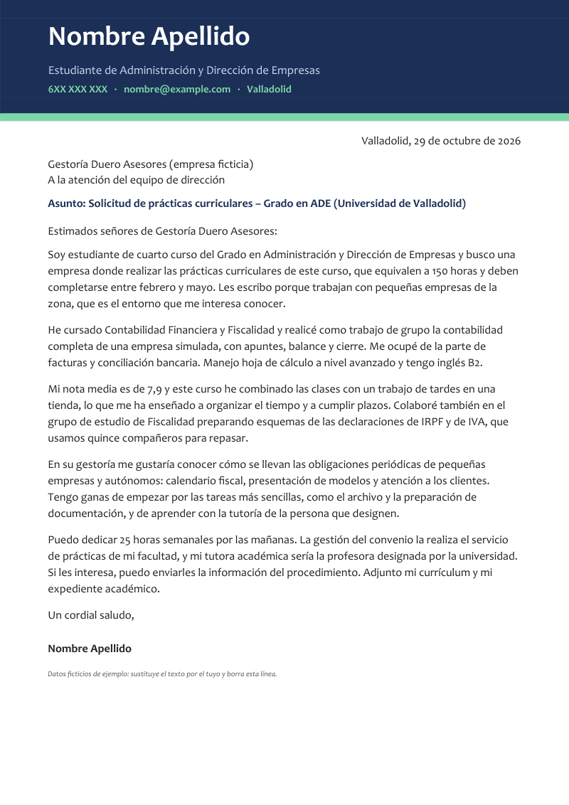 Vista previa de la plantilla «Carta de presentación para prácticas»: una carta de una página con cabecera a sangre con el nombre en blanco, el titular y el contacto sobre un fondo de color y una franja de otro color debajo, en azul marino y verde menta, sobre fondo blanco y con datos de ejemplo.