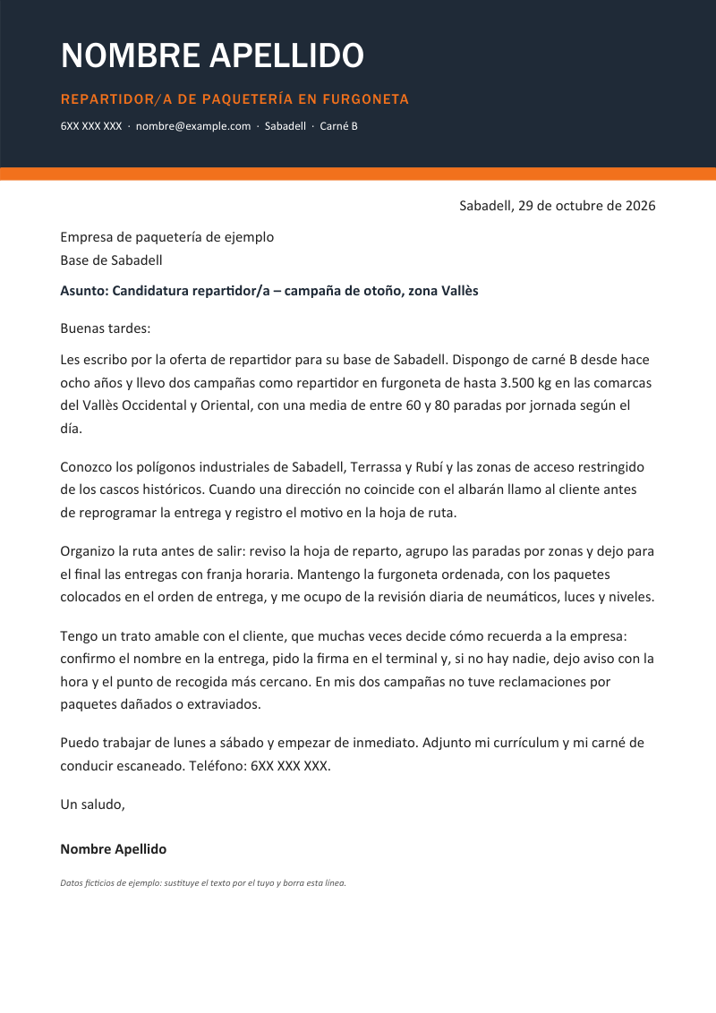 Vista previa de la plantilla «Carta de presentación de repartidor/a»: una carta de una página con cabecera oscura a sangre con el nombre en mayúsculas, el titular en el color de seguridad y una franja gruesa de ese color debajo, en azul pizarra y naranja, sobre fondo blanco y con datos de ejemplo.
