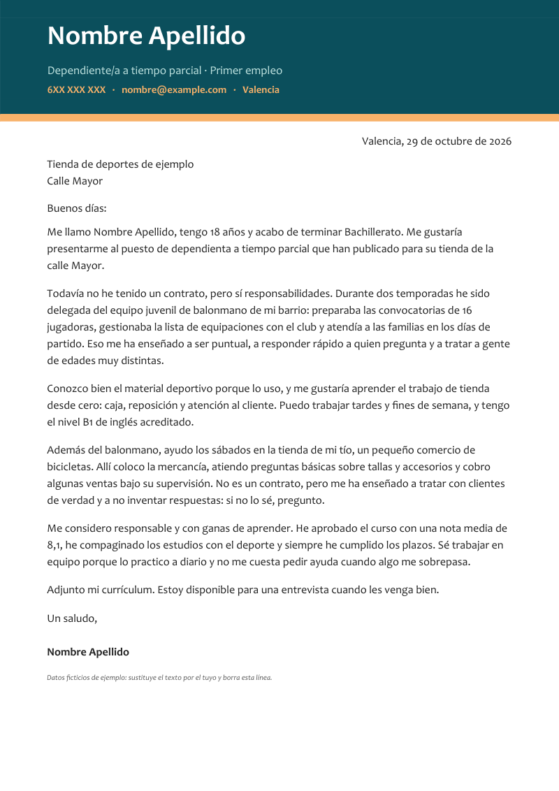 Vista previa de la plantilla «Carta de presentación sin experiencia»: una carta de una página con cabecera a sangre con el nombre en blanco, el titular y el contacto sobre un fondo de color y una franja de otro color debajo, en verde azulado y naranja, sobre fondo blanco y con datos de ejemplo.