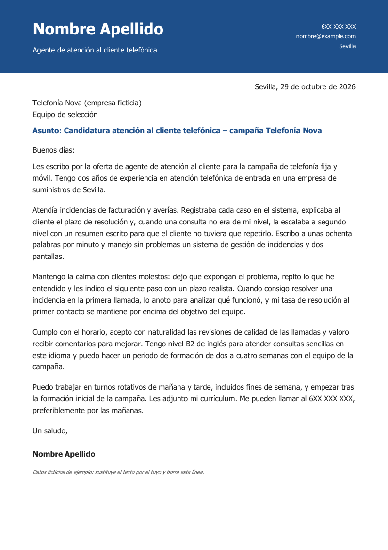 Vista previa de la plantilla «Carta de presentación de teleoperador/a»: una carta de una página con banda de color a sangre con el nombre y el titular en blanco a la izquierda y los datos de contacto en blanco a la derecha, en azul, sobre fondo blanco y con datos de ejemplo.