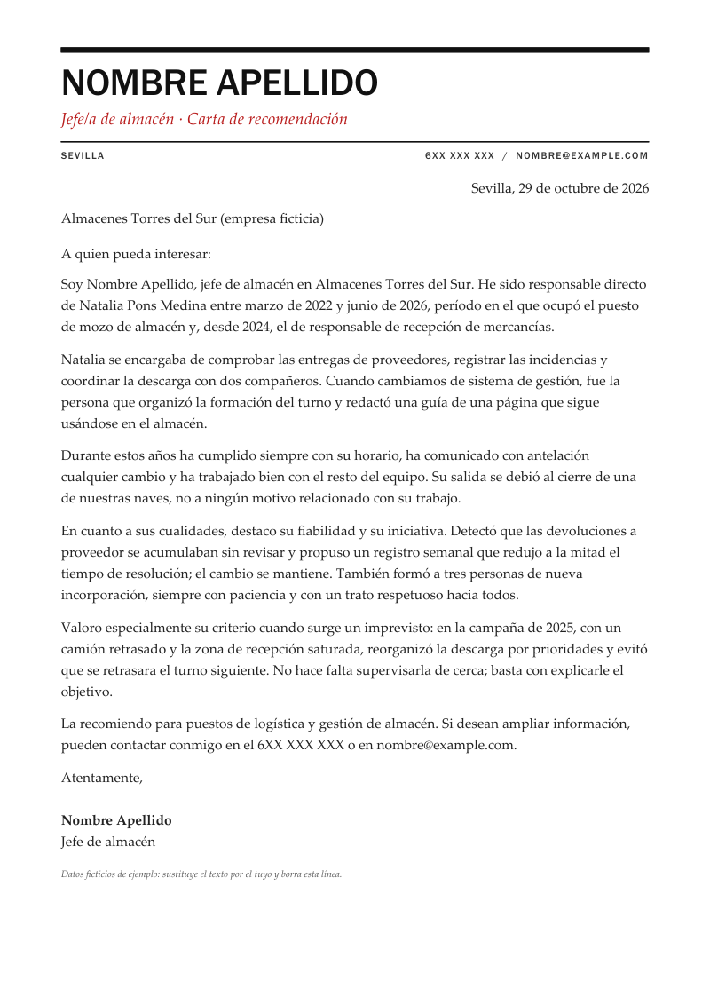 Vista previa de la plantilla «Carta de recomendación laboral»: una carta de una página con nombre en grandes mayúsculas entre dos filetes negros, titular en cursiva y un único color de acento, en negro y rojo, sobre fondo blanco y con datos de ejemplo.