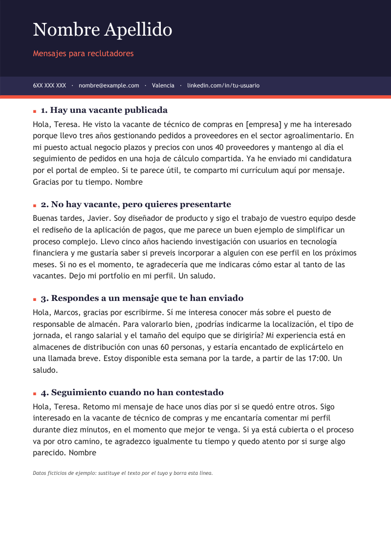 Vista previa de la plantilla «Mensajes de LinkedIn a un reclutador»: cuatro mensajes de una página con portada oscura a sangre con el nombre en tipografía de remate, el titular en color y una barra de contacto debajo, en azul noche y coral, sobre fondo blanco y con datos de ejemplo.