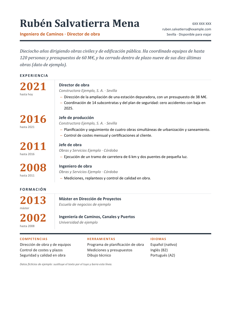 Vista previa de la plantilla: nombre en serif grande a la izquierda con el contacto a la derecha y una línea gruesa debajo; columna de años grandes en naranja (2021, 2016, 2011, 2008) con el detalle de cada puesto a su derecha y tres listas cortas al pie