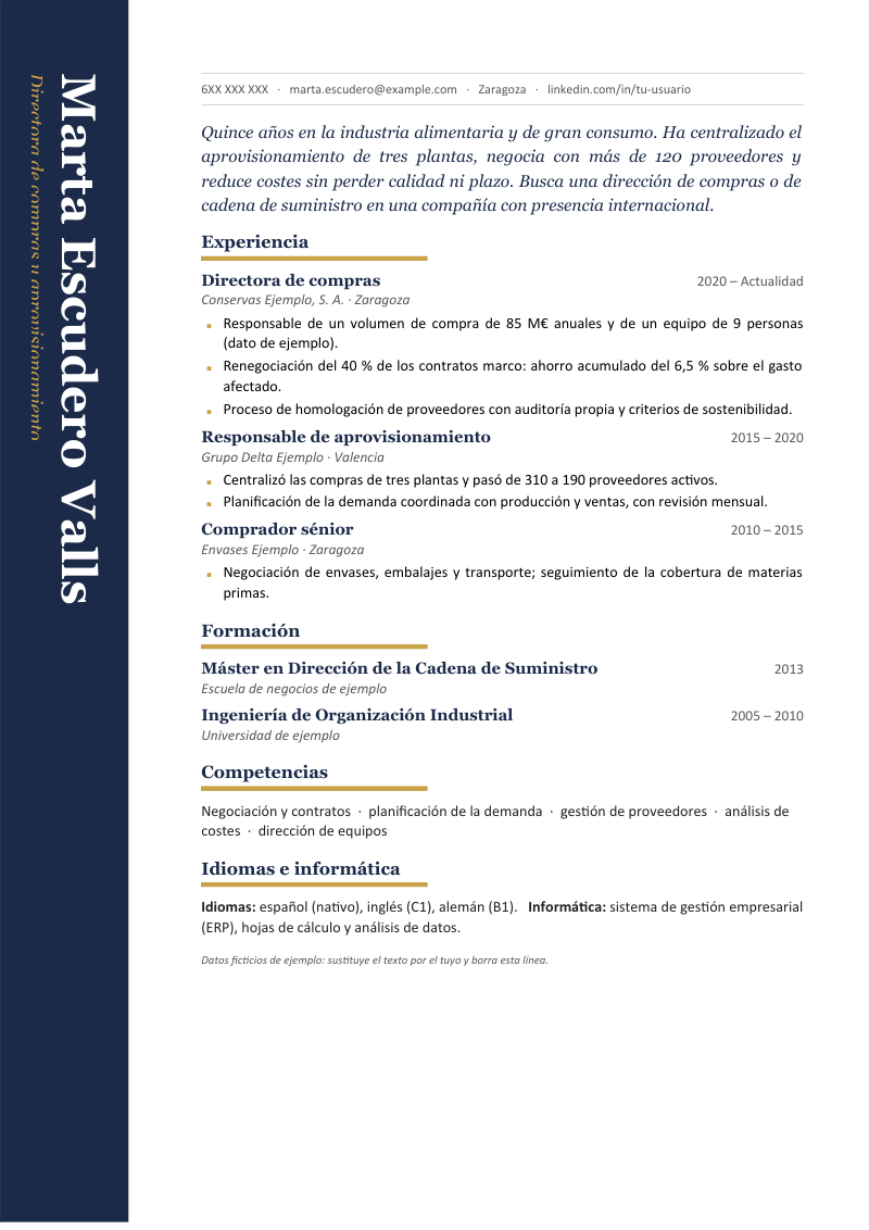 Vista previa de la plantilla: una banda azul marino a sangre en el lado izquierdo con el nombre escrito en vertical en letras blancas y el titular en dorado, y a su derecha el perfil en cursiva, la experiencia, la formación, las competencias y los idiomas
