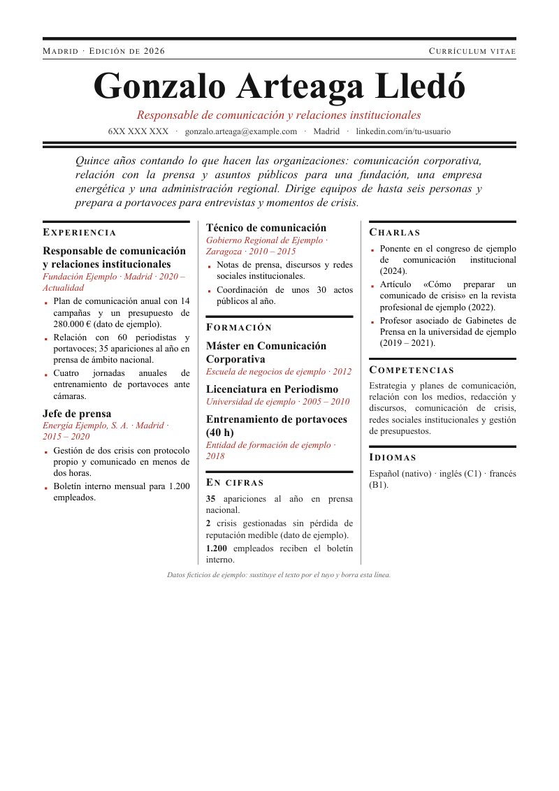 Vista previa de la plantilla: cabecera de periódico con filete grueso y la leyenda de edición, nombre en grande en negrita con serifa, subtítulo rojo en cursiva, una entradilla justificada y debajo el cuerpo en tres columnas de texto con antetítulos y líneas verticales separadoras