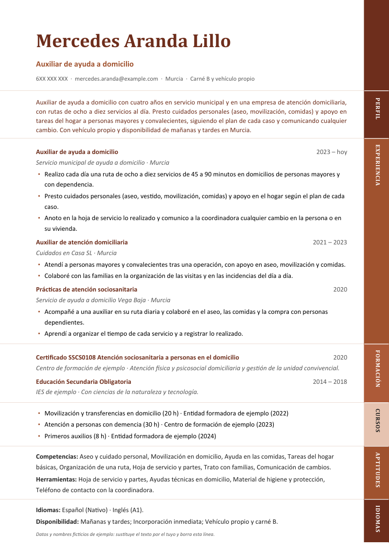 Vista previa del currículum de ejemplo de auxiliar de ayuda a domicilio con datos ficticios, en un diseño con una columna de pestañas verticales en el borde derecho, una para cada sección, en terracota.