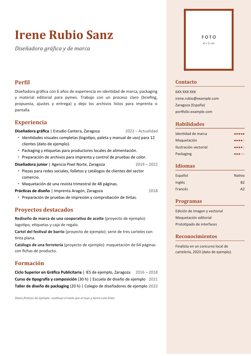 Vista previa de la plantilla con barra a la derecha: columna principal a la izquierda con nombre en Cambria, perfil, experiencia y proyectos, y barra lateral en tono claro con recuadro de foto de borde grueso, contacto, habilidades, idiomas y programas