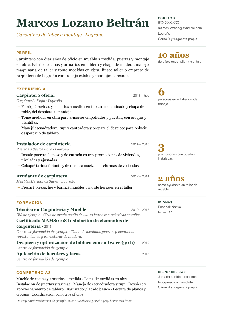 Vista previa del currículum de ejemplo de carpintero con datos ficticios, en un diseño con una columna principal y, a su derecha, una columna estrecha de cifras y notas alineada con cada bloque de experiencia, en verde bosque y ocre.