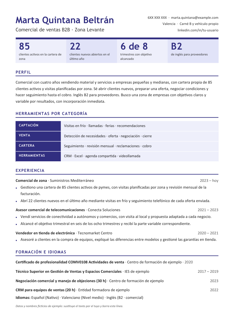 Vista previa del currículum de ejemplo de comercial de ventas con datos ficticios, en un diseño con el nombre a la izquierda y el contacto a la derecha, cuatro cifras clave, una matriz de herramientas por categorías, la experiencia, la formación y los idiomas, en índigo y verde lima.