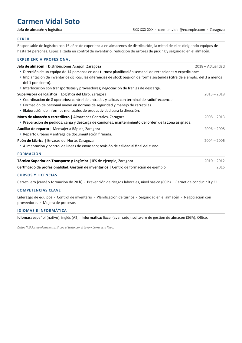 Vista previa de la plantilla compacta: nombre arriba, titular a la izquierda y contacto a la derecha en la línea siguiente, y secciones de perfil, experiencia, formación, cursos, competencias e idiomas con poco espacio entre líneas