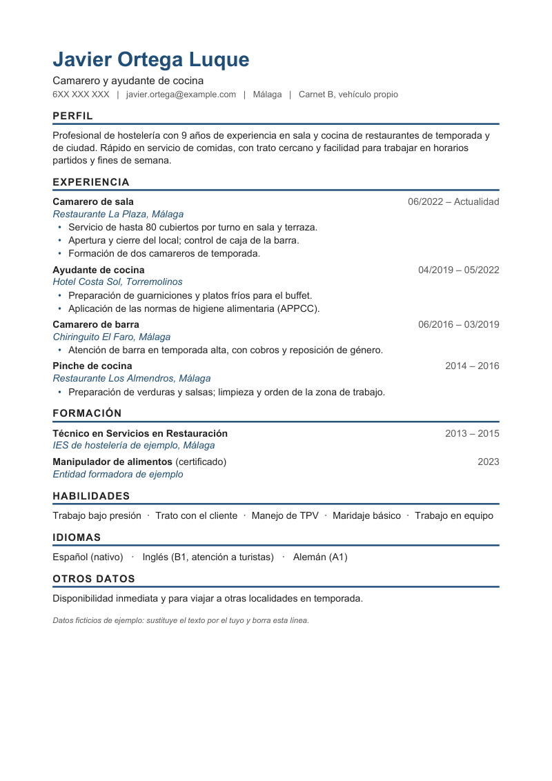 Vista previa de la plantilla cronológica: nombre, titular y contacto arriba, perfil, experiencia con el cargo y la fecha en una línea y la empresa en cursiva de color debajo, formación, habilidades, idiomas y otros datos, con un filete grueso bajo cada título
