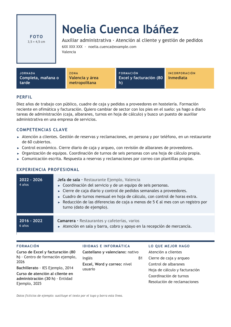 Vista previa del currículum de ejemplo «Currículum para cambiar de sector»: diseño Pieza en azul marino con bloques ámbar: marcador de foto, cuatro bloques de disponibilidad y filas de experiencia con la fecha en un bloque de color. Con datos ficticios y los apartados perfil, competencias clave, experiencia profesional, formación y idiomas e informática.