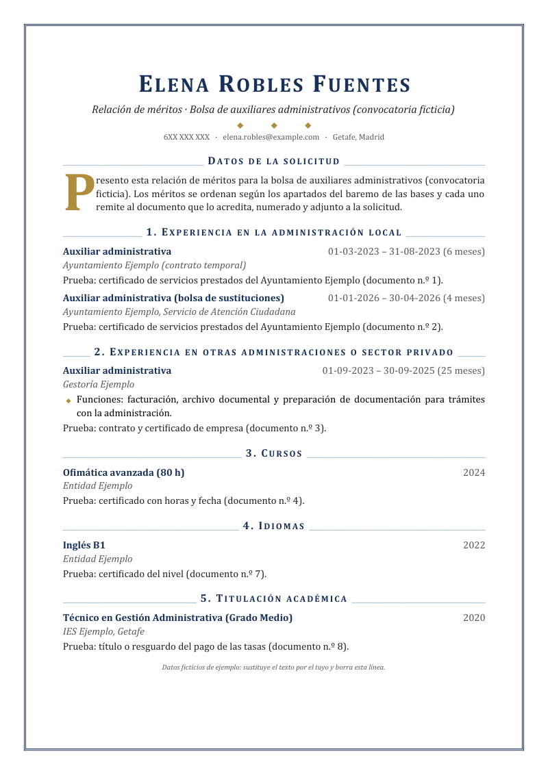 Vista previa del currículum de ejemplo «Currículum para empleo público»: diseño Marco con capitular en azul regio y latón: marco doble de página, cabecera centrada, títulos con filetes a ambos lados y letra capital en el primer párrafo. Con datos ficticios y los apartados datos de la solicitud, 1. experiencia en la administración local, 2. experiencia en otras administraciones o sector privado, 3. cursos, 4. idiomas y 5. titulación académica.