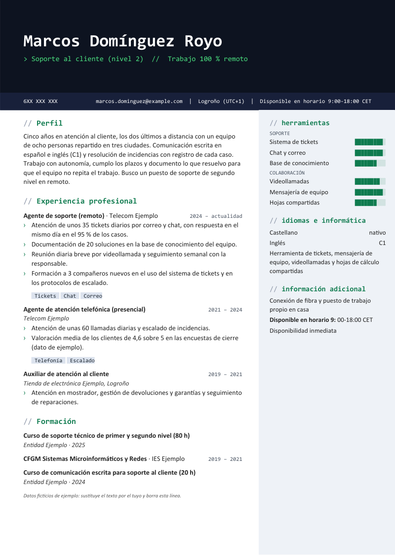 Vista previa del currículum de ejemplo «Currículum para teletrabajo»: diseño Circuito en azul noche con acentos verdes: cabecera oscura con tipografía de código, títulos con comentarios y una barra lateral con niveles por herramienta. Con datos ficticios y los apartados perfil, experiencia profesional, formación, idiomas e informática y información adicional.