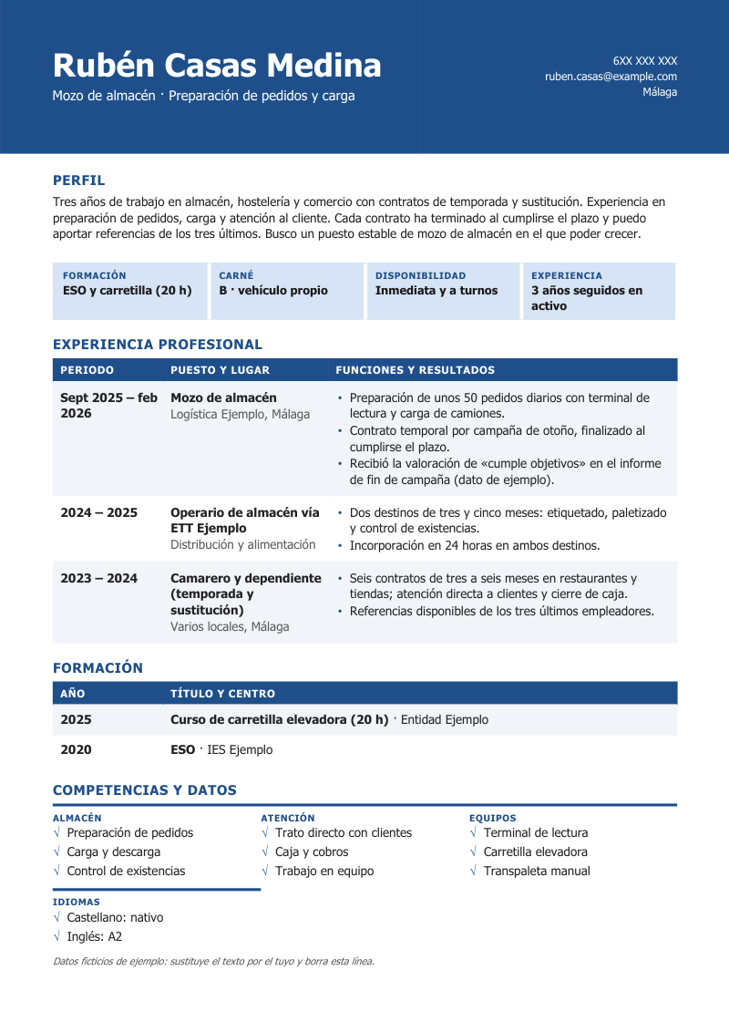 Vista previa del currículum de ejemplo «Currículum con muchos trabajos cortos»: diseño Turno en azul: banda de color con el nombre, chapas de datos y tablas con filas alternas para experiencia y formación. Con datos ficticios y los apartados perfil, experiencia profesional, formación y idiomas.