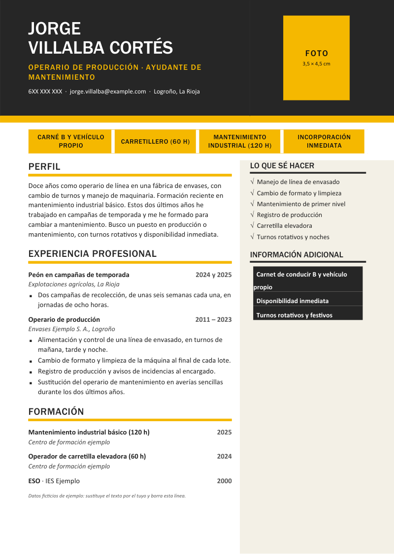 Vista previa del currículum de ejemplo «Currículum tras años en paro»: diseño Taller en gris oscuro con detalles amarillos: cabecera oscura con franja de color y marcador de foto, chapas de datos y una columna lateral de habilidades y disponibilidad. Con datos ficticios y los apartados perfil, experiencia profesional, formación y información adicional.