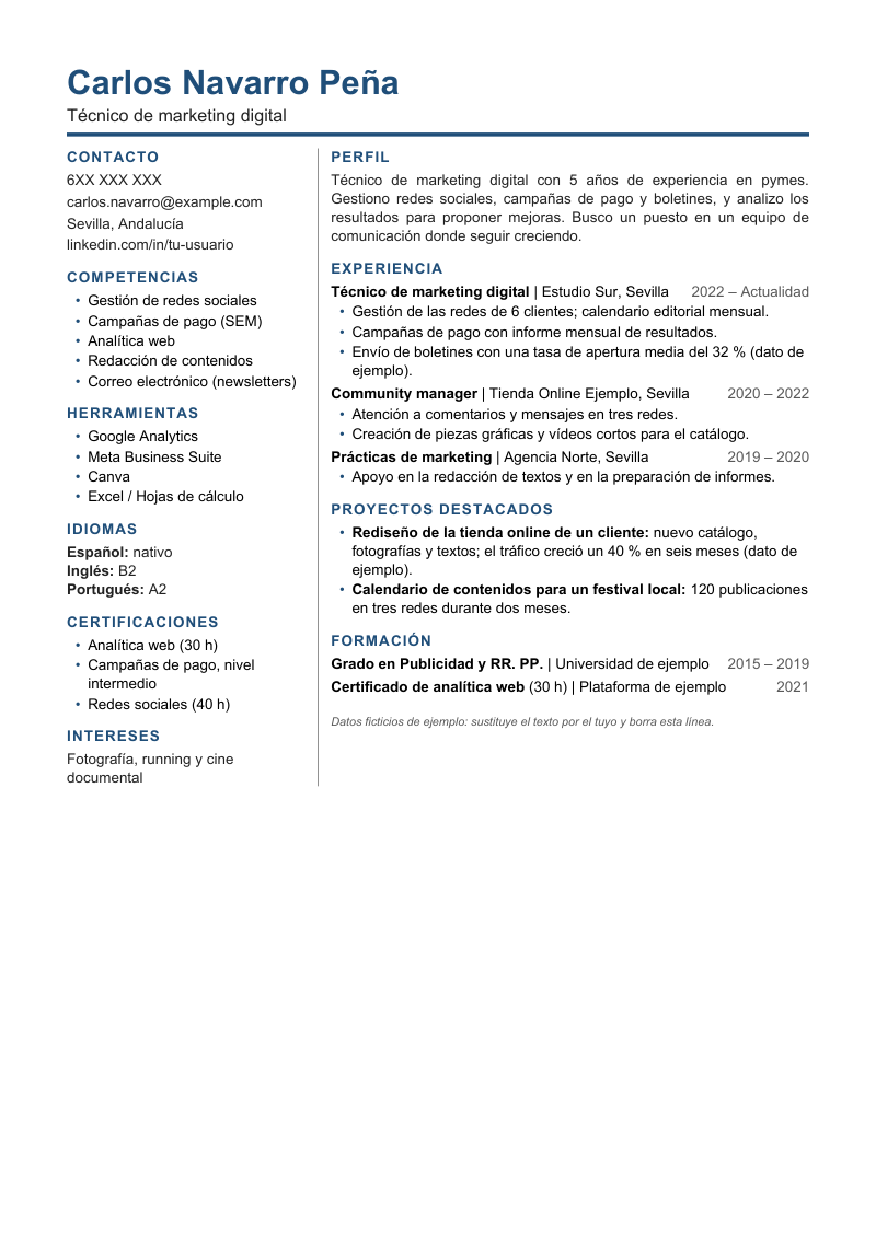 Vista previa de la plantilla de dos columnas: cabecera con nombre y titular a todo el ancho y debajo una columna lateral estrecha con contacto, competencias e idiomas y otra principal con perfil, experiencia y formación, separadas por una línea