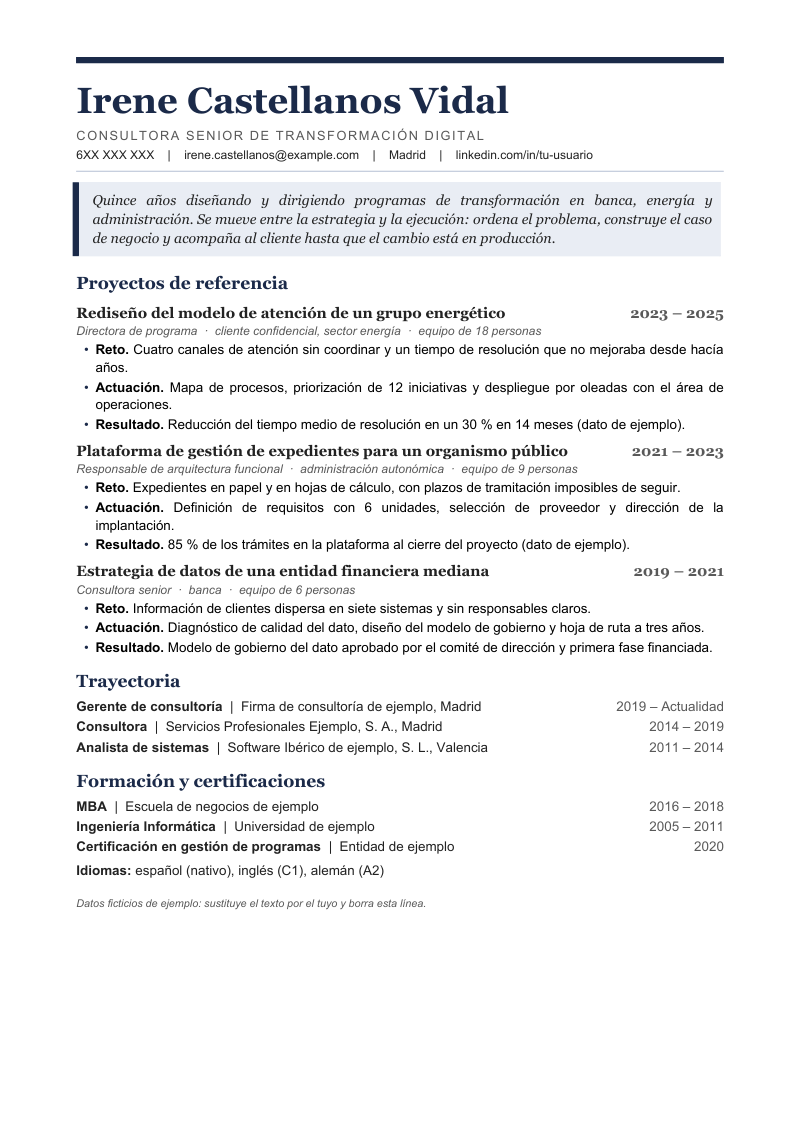 Vista previa de la plantilla de consultoría: filete grueso azul marino arriba, nombre en Georgia, resumen en cursiva sobre fondo claro con barra lateral, y tres proyectos de referencia con viñetas de reto, actuación y resultado