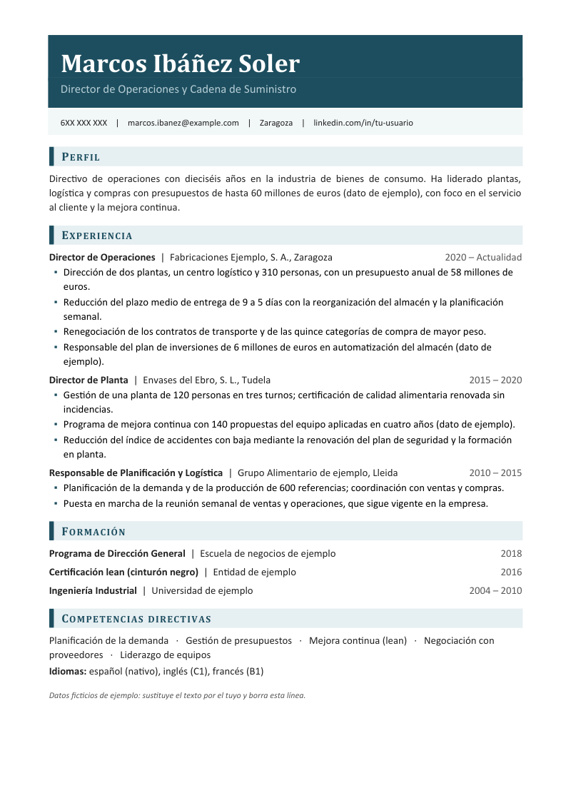 Vista previa de la plantilla en dos tonos: banda azul petróleo con el nombre en blanco y el cargo, franja clara de contacto, y títulos de sección sobre fondo claro con una barra oscura a la izquierda