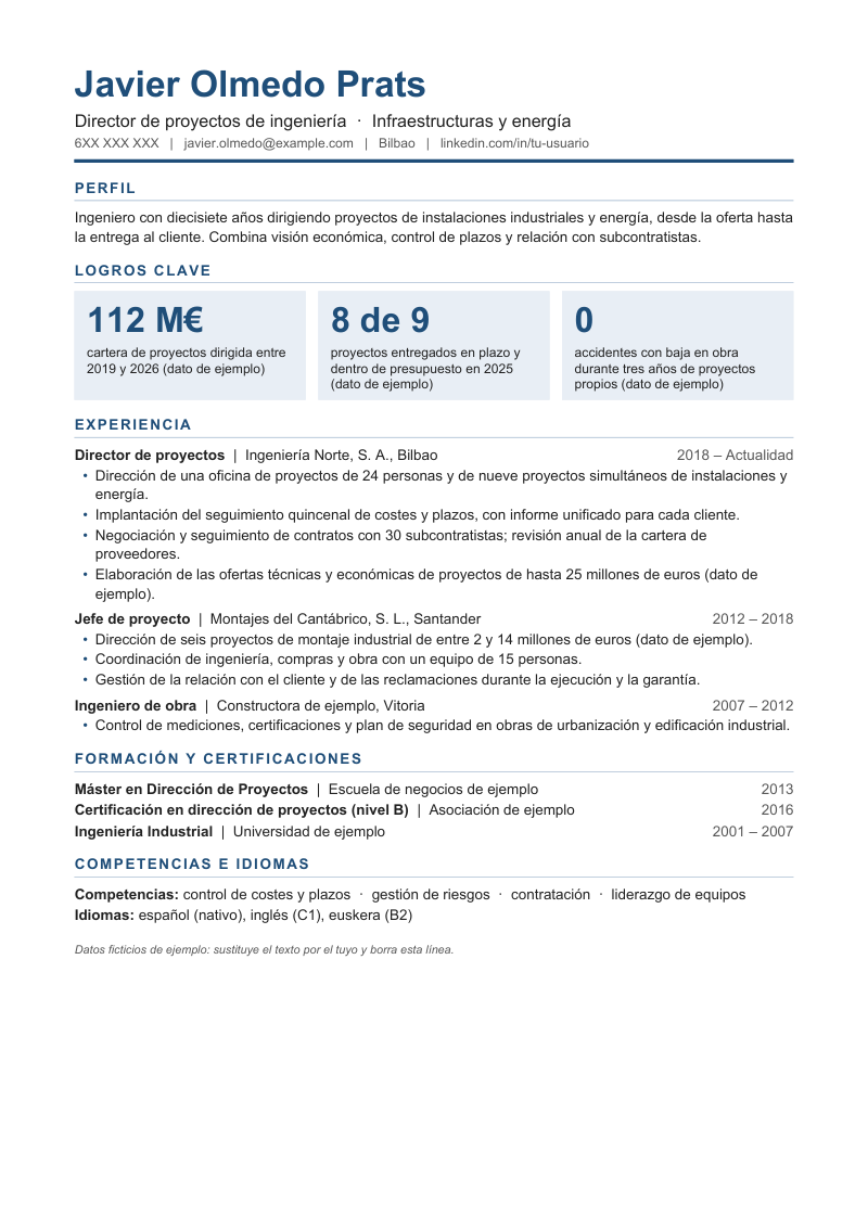 Vista previa de la plantilla con logros clave: nombre y cargo en azul, una raya gruesa bajo el contacto, un perfil breve y tres casillas de fondo claro con las cifras 112 M€, 8 de 9 y 0 antes de la sección de experiencia