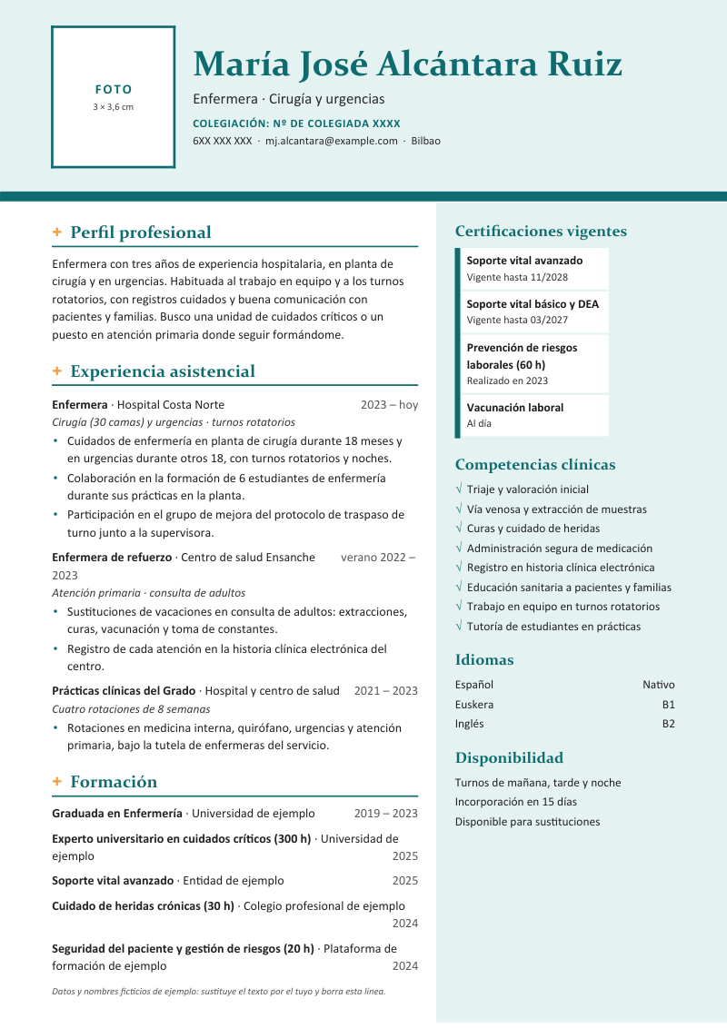Vista previa del currículum de ejemplo de enfermero o enfermera con datos ficticios, en un diseño con foto a la izquierda del nombre sobre cabecera de color claro, una columna de experiencia y una columna lateral de certificaciones vigentes y competencias, en turquesa.