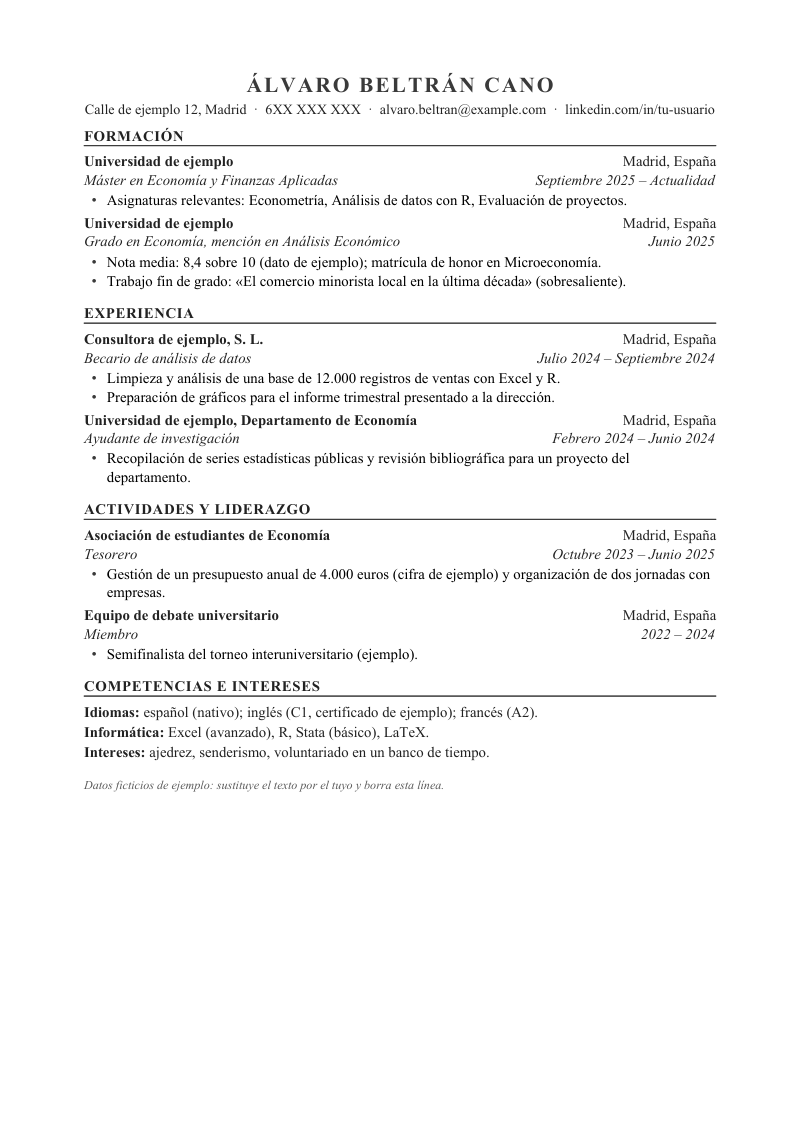 Vista previa de la plantilla de estilo académico: nombre centrado en mayúsculas, contacto centrado y secciones de formación, experiencia, actividades y liderazgo y competencias, con la institución en negrita y el lugar a la derecha
