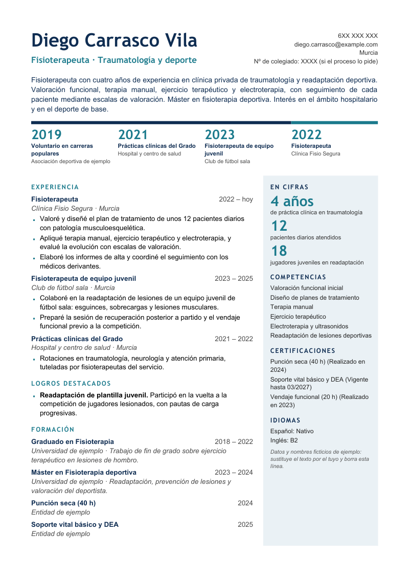 Vista previa del currículum de ejemplo de fisioterapeuta con datos ficticios, en un diseño con una regla de hitos horizontal bajo la cabecera, el detalle de la experiencia y la formación y una columna lateral de cifras y competencias, en azul y turquesa.