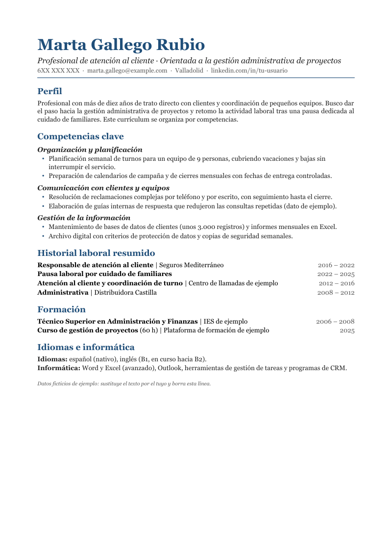 Vista previa de la plantilla funcional: nombre y titular, perfil, tres bloques de competencias clave con viñetas de logros, historial laboral resumido en una línea por puesto, formación e idiomas
