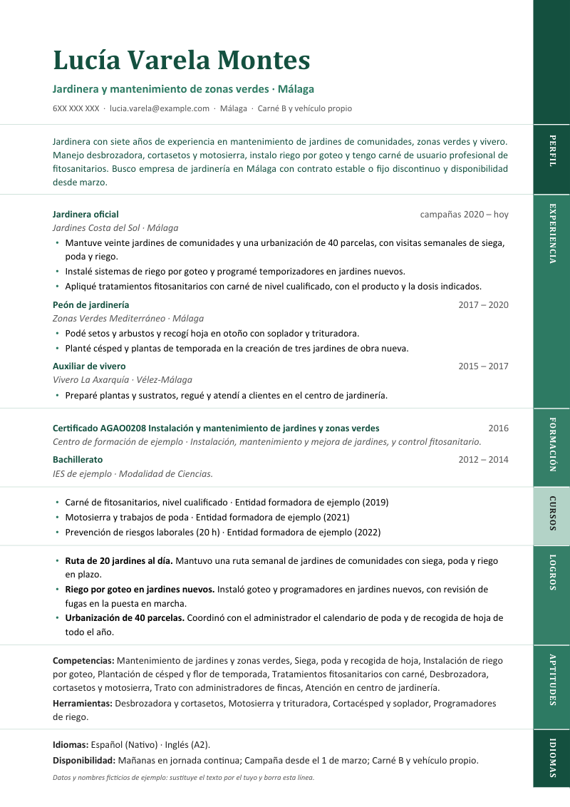 Vista previa del currículum de ejemplo de jardinero con datos ficticios, en un diseño con una columna de pestañas verticales en el borde derecho, una para cada sección, en esmeralda.