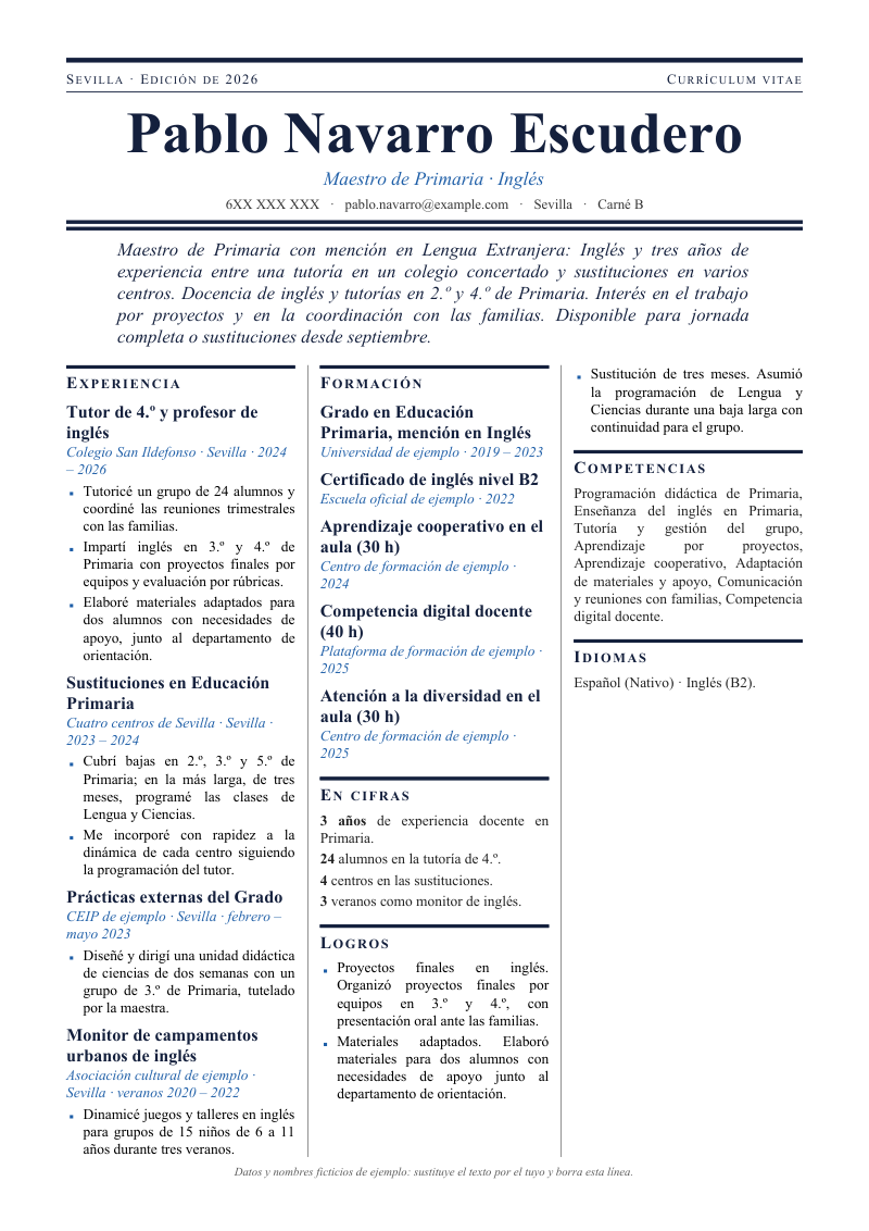 Vista previa del currículum de ejemplo de maestro o maestra con datos ficticios, en un diseño estilo periódico, con cabecera de diario, entradilla con el perfil y el cuerpo en tres columnas, en tinta y azul.
