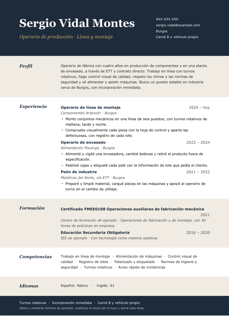 Vista previa del currículum de ejemplo de operario de fábrica con datos ficticios, en un diseño en franjas horizontales a sangre que alternan tinte y blanco, con cabecera y pie oscuros y una columna de etiquetas a la izquierda, en pizarra y arena.