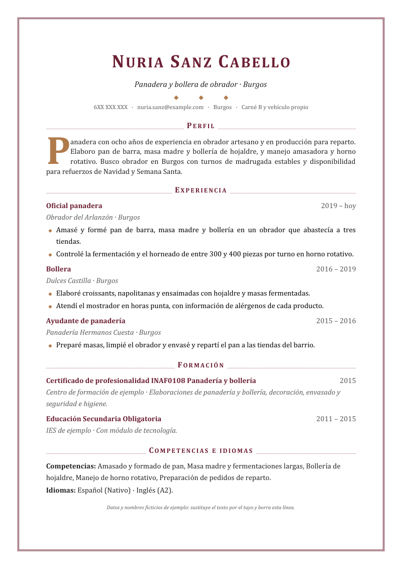 Vista previa del currículum de ejemplo de panadero con datos ficticios, en un diseño clásico, con marco doble de página, cabecera centrada, títulos con filetes a ambos lados y letra capital en el perfil, en granate y cobre.