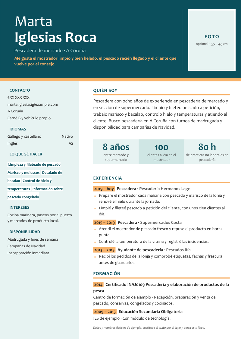 Vista previa del currículum de ejemplo de pescadero con datos ficticios, en un diseño con cabecera de color y marcador de foto, barra lateral de contacto e idiomas, tres cifras destacadas y una columna de perfil, experiencia, formación y logros, en azul petróleo y melocotón.