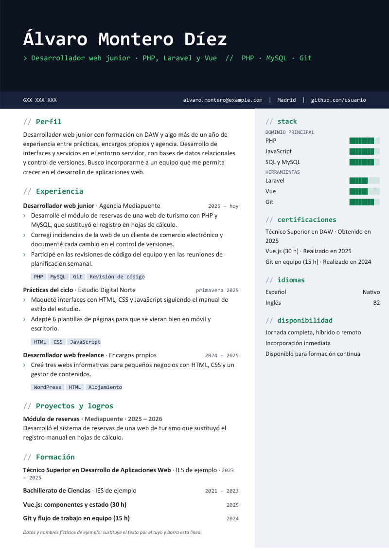 Vista previa del currículum de ejemplo de programador con datos ficticios, en un diseño con cabecera oscura y tipografía de código, columna principal de experiencia con etiquetas de tecnología y barra lateral con barras de nivel, en azul noche y verde.