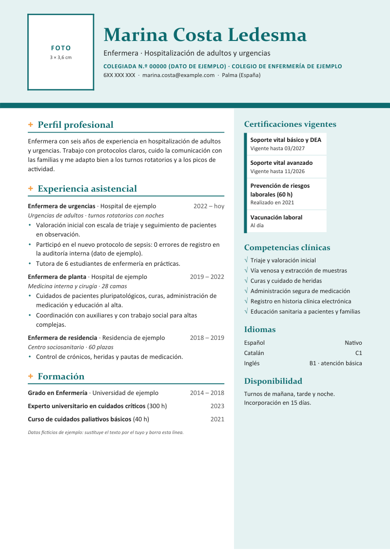 Vista previa de la plantilla Pulso: cabecera turquesa clara con un recuadro de foto, el nombre en Constantia y una línea de colegiación, una cruz naranja delante de cada título, experiencia por unidades a la izquierda y una columna lateral tintada con certificaciones vigentes, competencias clínicas e idiomas