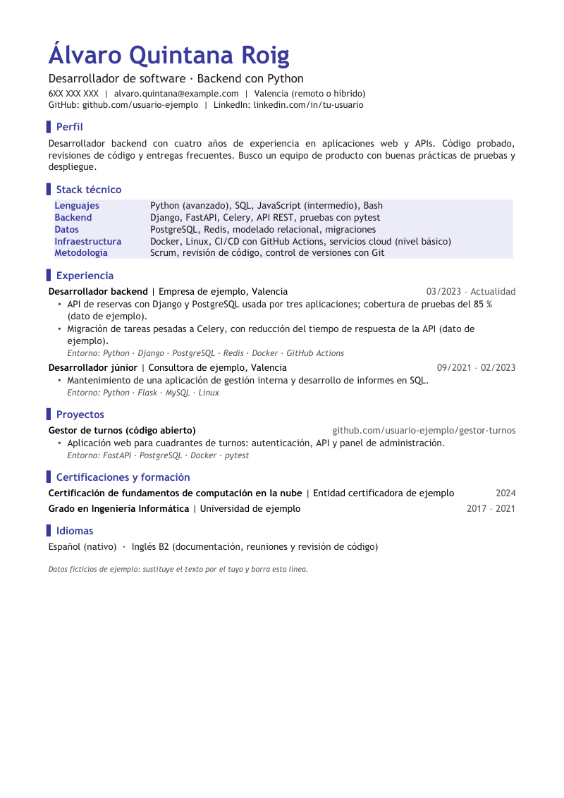 Vista previa de la plantilla para informática: nombre grande con titular, líneas de contacto con GitHub y LinkedIn, títulos con barra de color a la izquierda y un bloque sombreado de Stack técnico con etiquetas como Lenguajes, Backend, Datos e Infraestructura