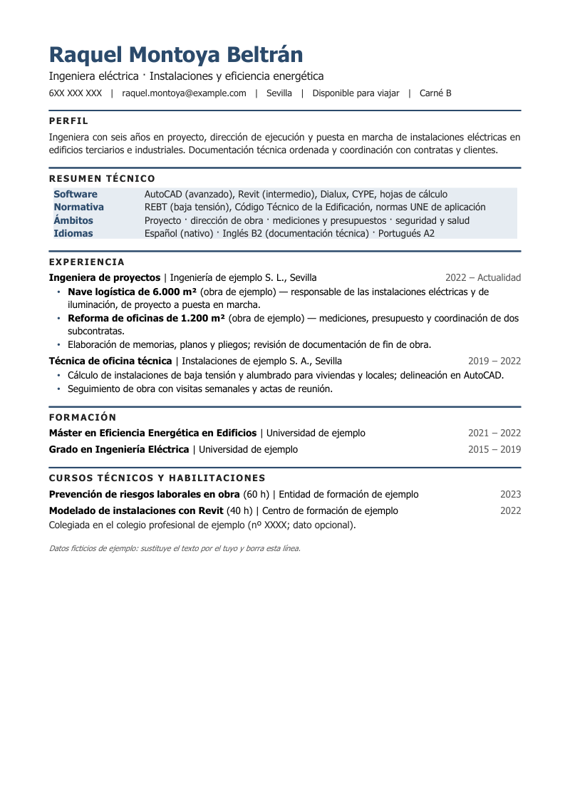 Vista previa de la plantilla para ingeniería: nombre y titular, y títulos en mayúsculas con una línea gruesa encima; una ficha de Resumen técnico sombreada con Software, Normativa, Ámbitos e Idiomas, experiencia con obras en negrita, formación y cursos técnicos