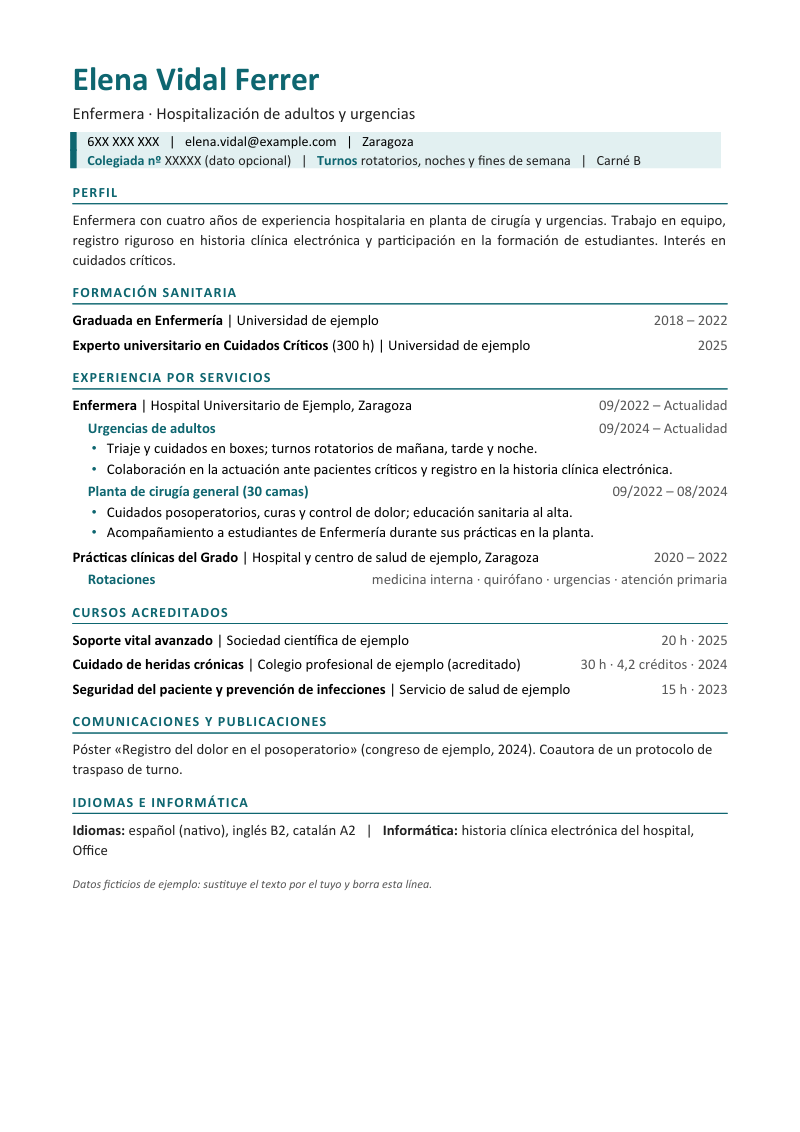 Vista previa de la plantilla para sanidad: nombre y titular, una banda de color con contacto y datos profesionales, y debajo secciones de Formación sanitaria, Experiencia por servicios con unidades y fechas, Cursos acreditados con horas y créditos, Comunicaciones e Idiomas