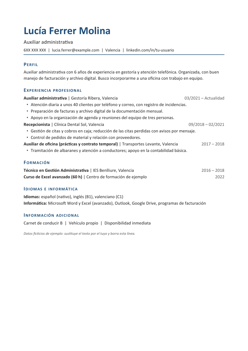 Vista previa de la plantilla: nombre y titular arriba, línea de contacto con filete inferior y las secciones de perfil, experiencia profesional, formación, idiomas e información adicional