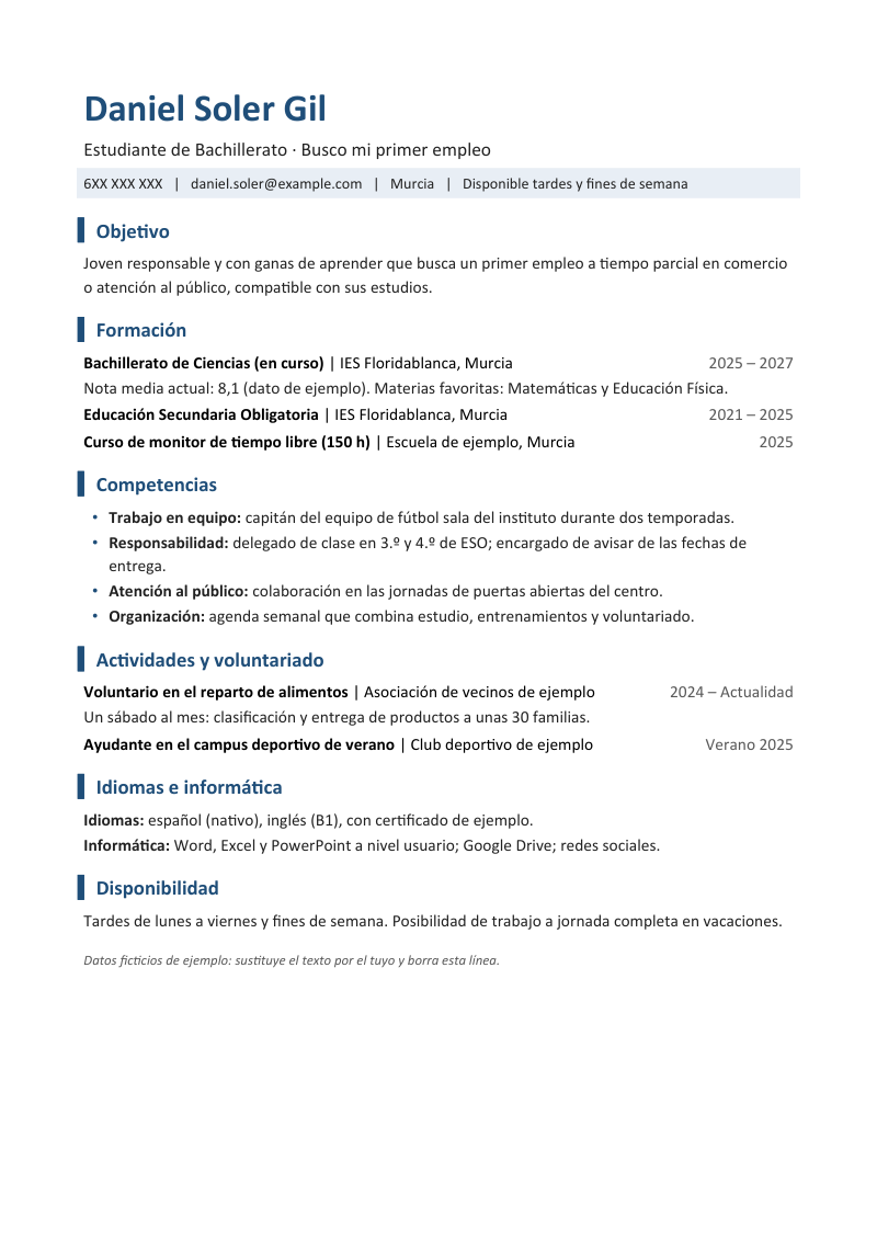 Vista previa de la plantilla sin experiencia: nombre y objetivo arriba y apartados de formación, competencias, actividades y voluntariado, idiomas e informática y disponibilidad, con una barra vertical de color junto a cada título