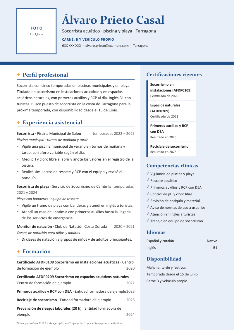 Vista previa del currículum de ejemplo de socorrista con datos ficticios, en un diseño con foto a la izquierda del nombre sobre cabecera de color claro, una columna de experiencia y una columna lateral de certificaciones vigentes y competencias, en azul y ámbar.