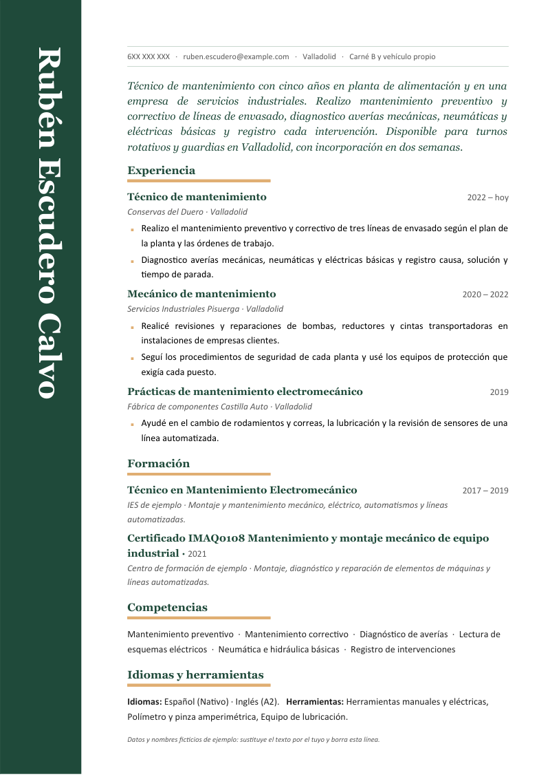 Vista previa del currículum de ejemplo de técnico de mantenimiento con datos ficticios, en un diseño con un lomo de color a todo el alto de la hoja con el nombre en vertical y una columna con perfil, experiencia, formación y competencias, en verde bosque y bronce.