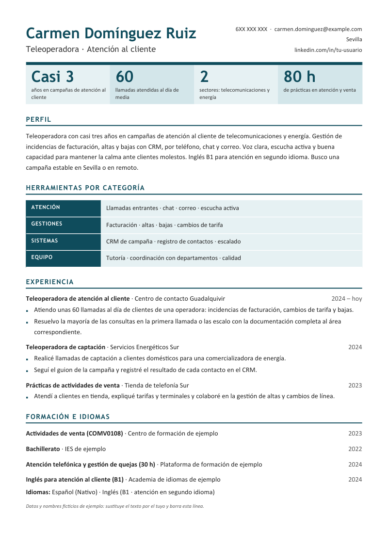 Vista previa del currículum de ejemplo de teleoperador con datos ficticios, en un diseño con el nombre a la izquierda y el contacto a la derecha, cuatro cifras clave, una matriz de herramientas por categorías, experiencia y dos tarjetas de logros, en azul petróleo y naranja claro.