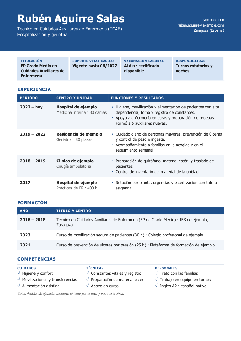 Vista previa de la plantilla Turno: banda azul con el nombre en blanco y los datos de contacto a la derecha, cuatro chapas de acreditaciones en azul claro, una tabla de experiencia con cabecera azul y filas alternas, una tabla de formación y tres columnas de competencias con marcas