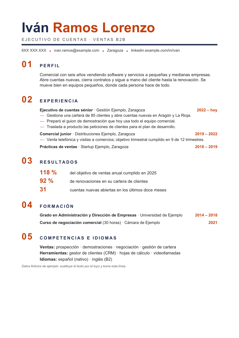 Vista previa de la plantilla numerada: nombre grande con el nombre de pila en azul marino y los apellidos en naranja, línea de contacto bajo una raya gruesa y cinco secciones con números 01 a 05 en naranja, con el contenido sangrado a la derecha de los números