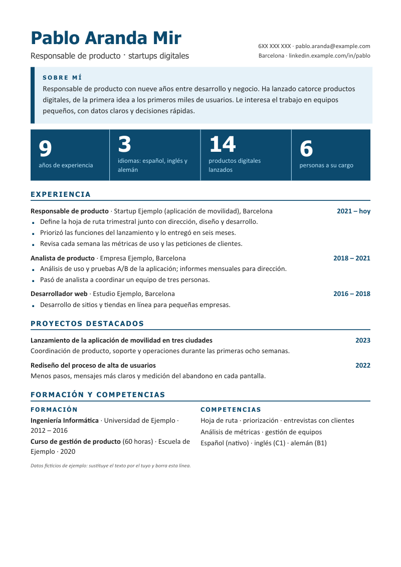 Vista previa de la plantilla con portada-resumen: nombre en Tahoma azul, bloque Sobre mí sobre fondo celeste con barra izquierda, franja azul oscuro con cuatro cifras grandes en blanco (9, 3, 14 y 6) y sus descripciones, y debajo experiencia, proyectos, formación y competencias